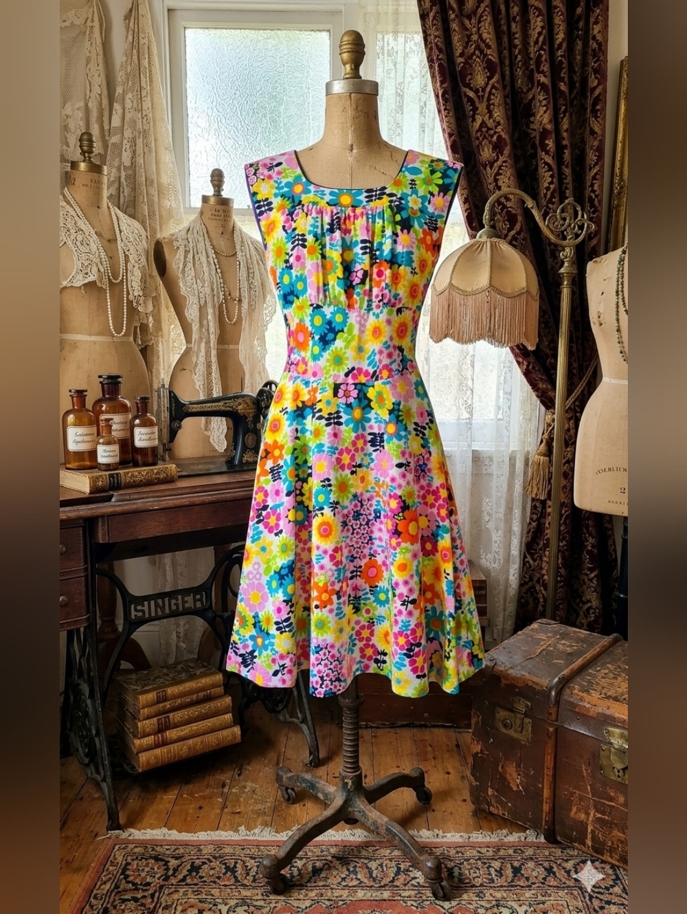 Vintage Handmade Floral Dress XS | 60s/70s Mod Bright Flower Print | Lined